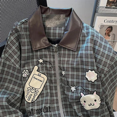 American Sweet Plaid Patchwork Jacket Long Sleeve Fall Zip Loose Coat Harajuku Y2K Casual Lazy Kawaii Street Top