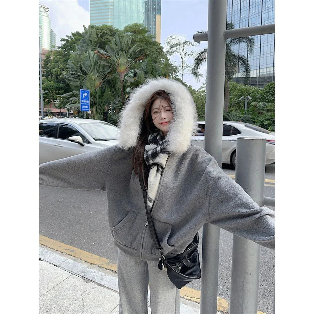 Korean Sweatshirts Harajuku Gothic Printed Coats Jackets Subculture Vintage Faux Fur Hooded Casual Y2k Clothing