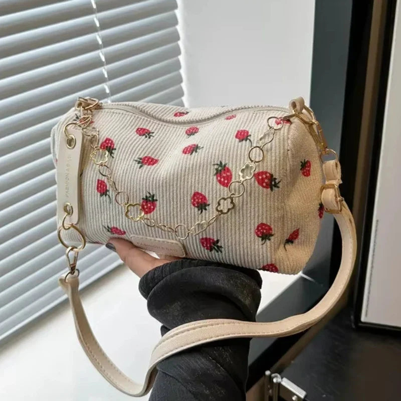 Small Underarm Bag Corduroy Handbag Cute Strawberry Print Little Tote Half Moon Design Eco Cloth Purse Mini Shoulder Bags