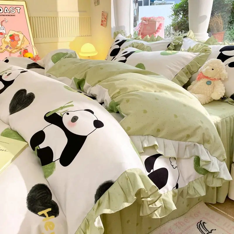 Cartoon Washed Cotton Bed Sheet Four-piece Set Non-cotton Thickened Brushed Quilt Cover Bed Skirt Style Princess Style Bedroom