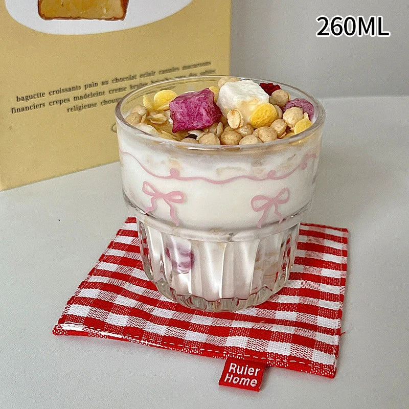 INS Pink Bow Glass Cups Iced Coffee Mug Clear Drinking Glasses Tumbler Milk Tea Juice Water Cup Dessert Cups Drinkware 260-380ML