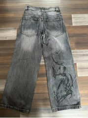 Mens Jeans Y2K Vintage Streetwear Black Gray Wide Leg Denim Pants Abstract Print Washed Distressed Loose Fit Dark Punk