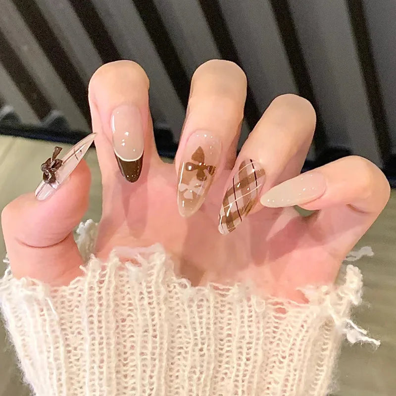 24Pcs Brown Plaid Press on Nails French Bow False Nail Medium Almond Atmosphere Wearable Nail