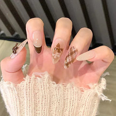 24Pcs Brown Plaid Press on Nails French Bow False Nail Medium Almond Atmosphere Wearable Nail