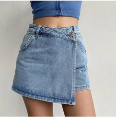 Elegant Slimming High-waisted A- line Denim Shorts Light Color Two-piece Illusion Design Slim Fit