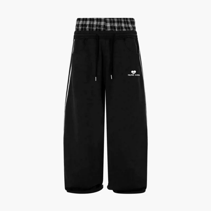 American Retro College Style Loose Fit Two-Piece Set with Double Waist Head Fake Bathroom Pants