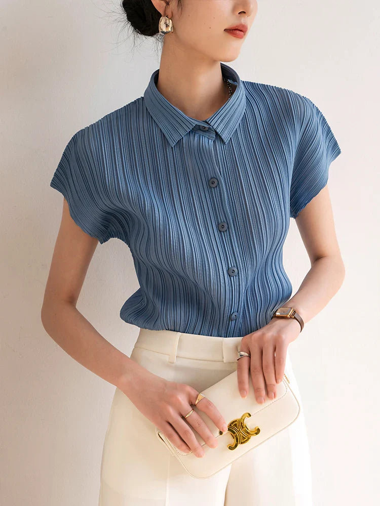 Miyake Pleated Cardigan Single Breasted Short Sleeve Polo Shirt Korean Causal Comfortable Clothing
