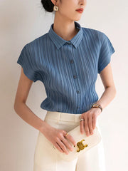 Miyake Pleated Cardigan Single Breasted Short Sleeve Polo Shirt Korean Causal Comfortable Clothing