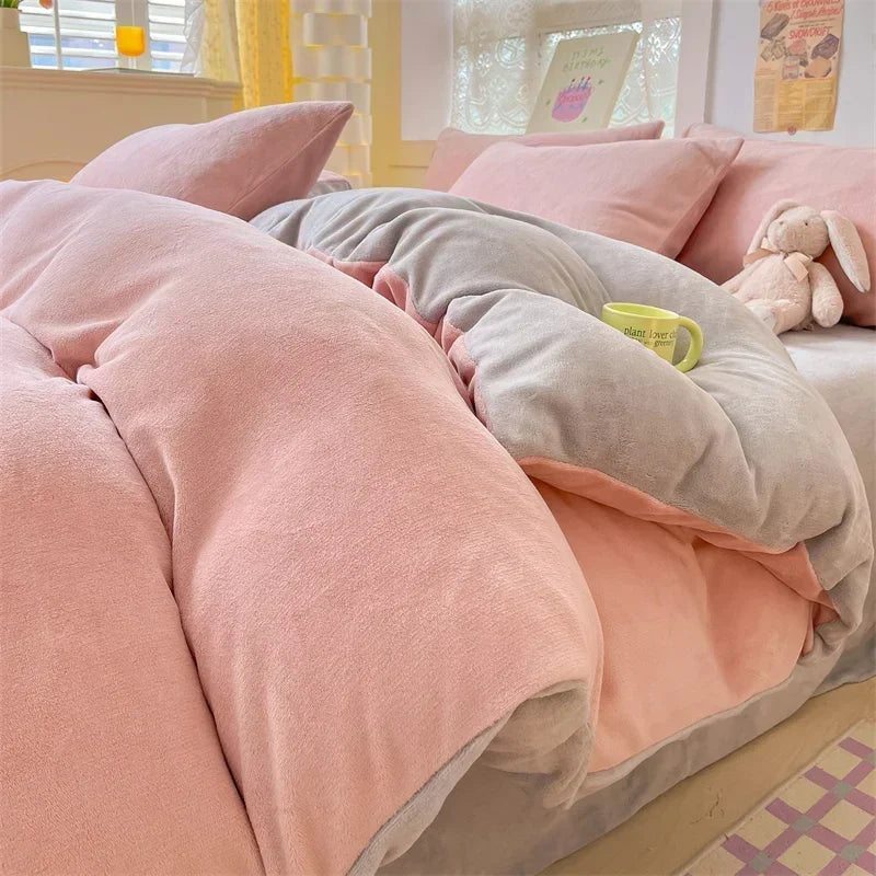 Simple Milk Fleece Warm Duvet Cover Set 220x240 Soft Fluffy Queen Bedding Set Plush Warmth Blanket Cover Sets Cozy
