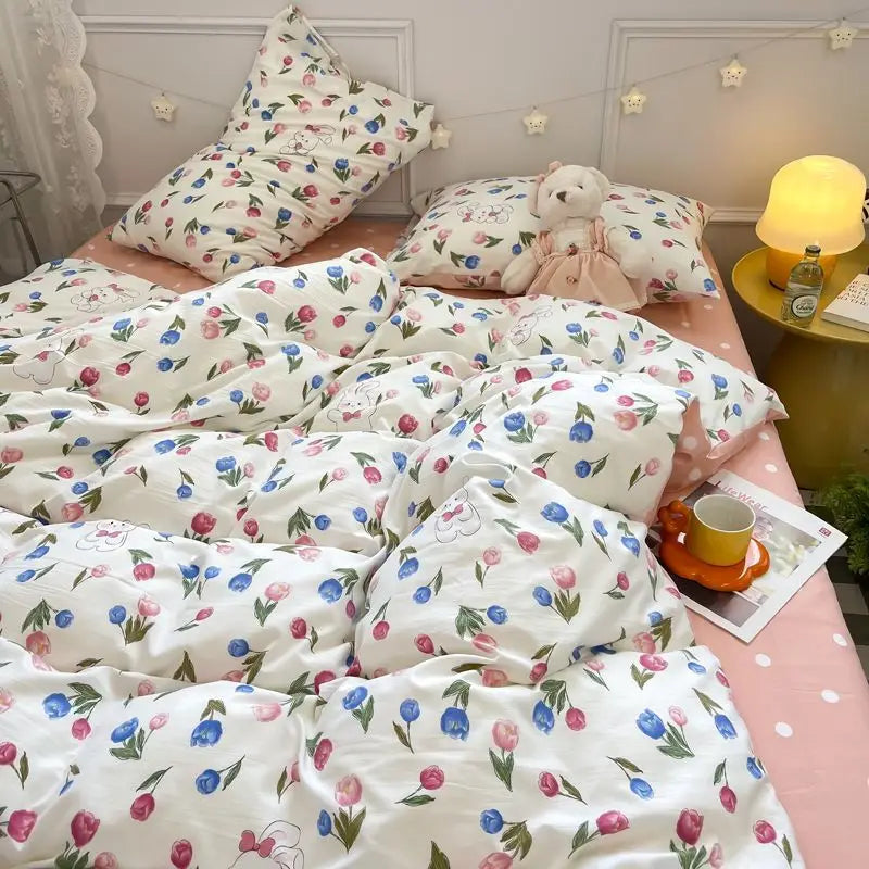 Pink Flowers Duvet Cover Set Ins Single Queen Size Girls Boys Flat Sheet Pillowcase No Filler Home Decor Bedding Set