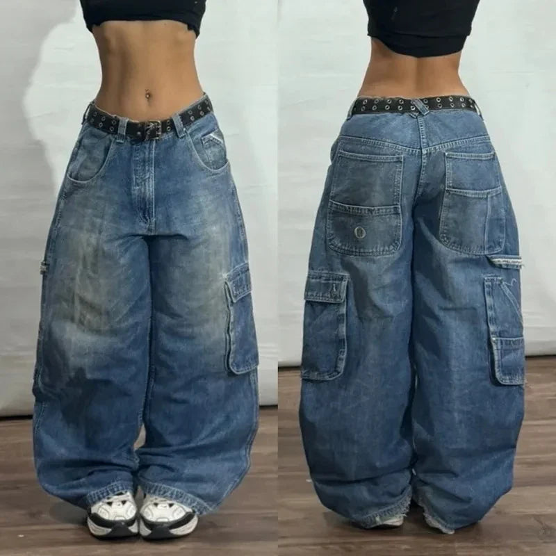 Y2k Hip Hop American Wide Leg Pants Gothic Zipper Skull Embroidered Jeans Harajuku Vintage High Waist Casual Jeans Unisex