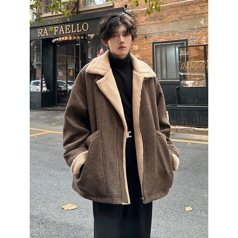 Berber Fleece Jacket Parka Coats Multi-pockets Stand Collar Casual Thick Warm Jacket Man Khaki/Dark Gray