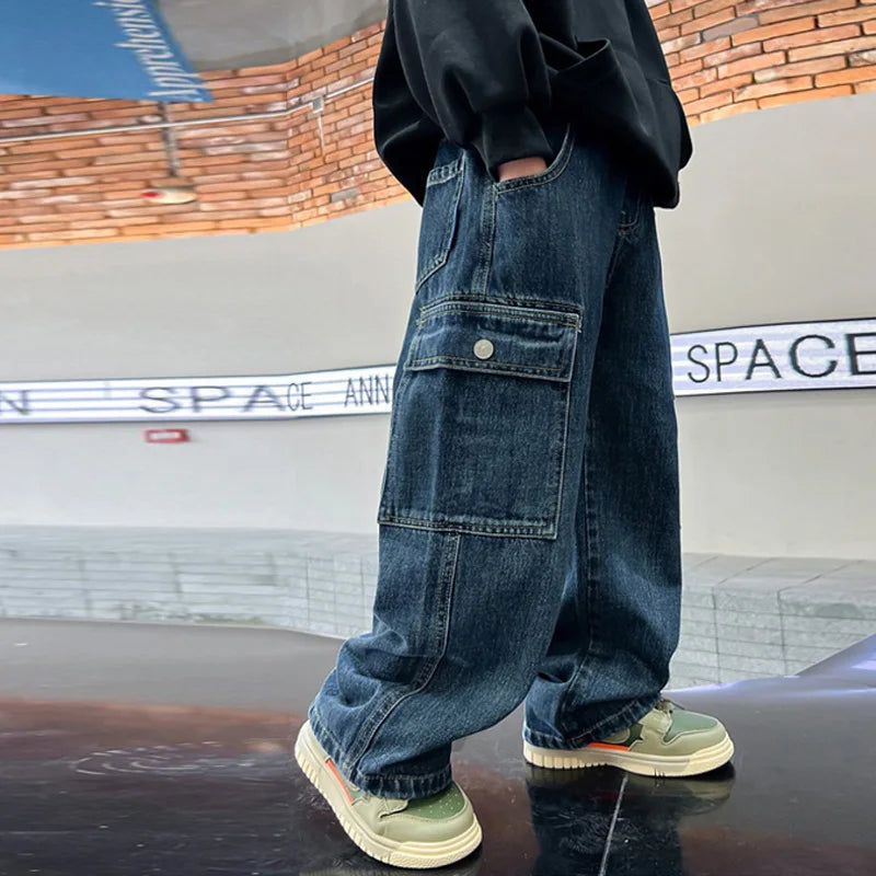 Teen Boys Jeans Children's Straight Trousers Teenager Wide-legged Cargo Pants Kids Loose Clothes