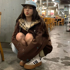 Brown Zip Up Hoodie Lattice stitching Long Sleeve Casual Oversized Sweatshirt Solid Jacket Clothing