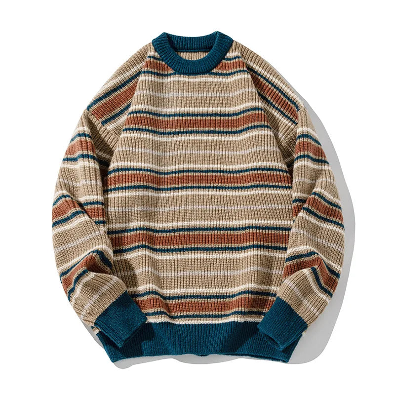 Vintage Striped Casual Trendy Loose O-neck Long Sleeve Knitted Sweaters Male Pullovers Tops