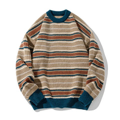 Vintage Striped Casual Trendy Loose O-neck Long Sleeve Knitted Sweaters Male Pullovers Tops