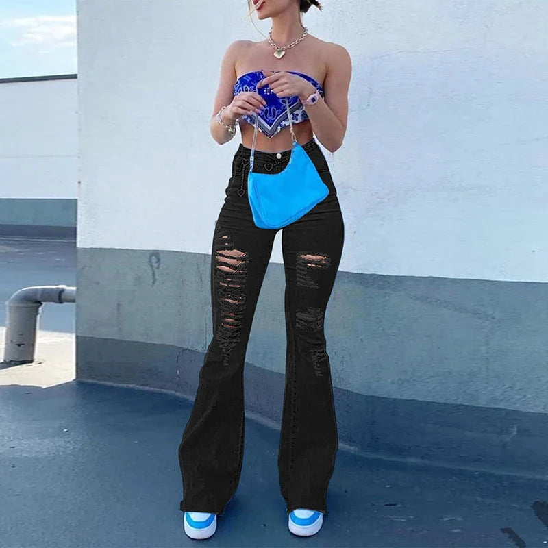 High Waist Black Flare Jeans Lady Bell Bottom Ripped Denim Pants Streetwear Distressed Classic Full Length Long Trouser