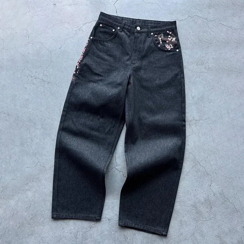 Harajuku Hip Hop baggy jeans Y2K goth plum blossom Embroidered jeans man American style street wear