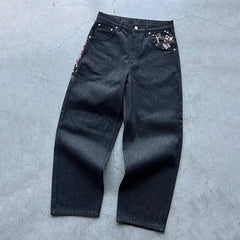 Harajuku Hip Hop baggy jeans Y2K goth plum blossom Embroidered jeans man American style street wear