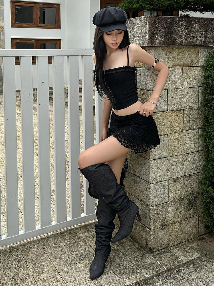 Weird Puss 2-Piece Set Zip Skinny Fungus Edge Camisole+Irregular Tassel Jacquard Skirts Matching Street Midnight Suit