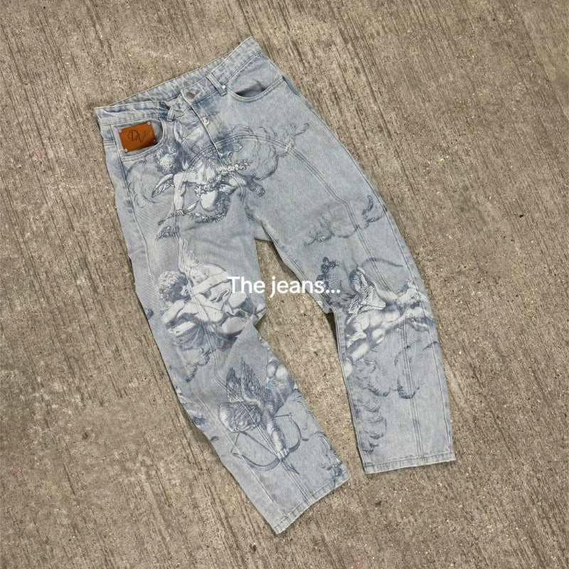 Y2k Angel Baggy Jeans Retro High Street Cupids Arrow Pants American Hip Hop Streetwear Unisex Casual Straight Jeans