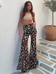 Mesh Leopard Print Trousers High Waist Print Wide Leg Pants Elegant Printed Long Pants Bottoms