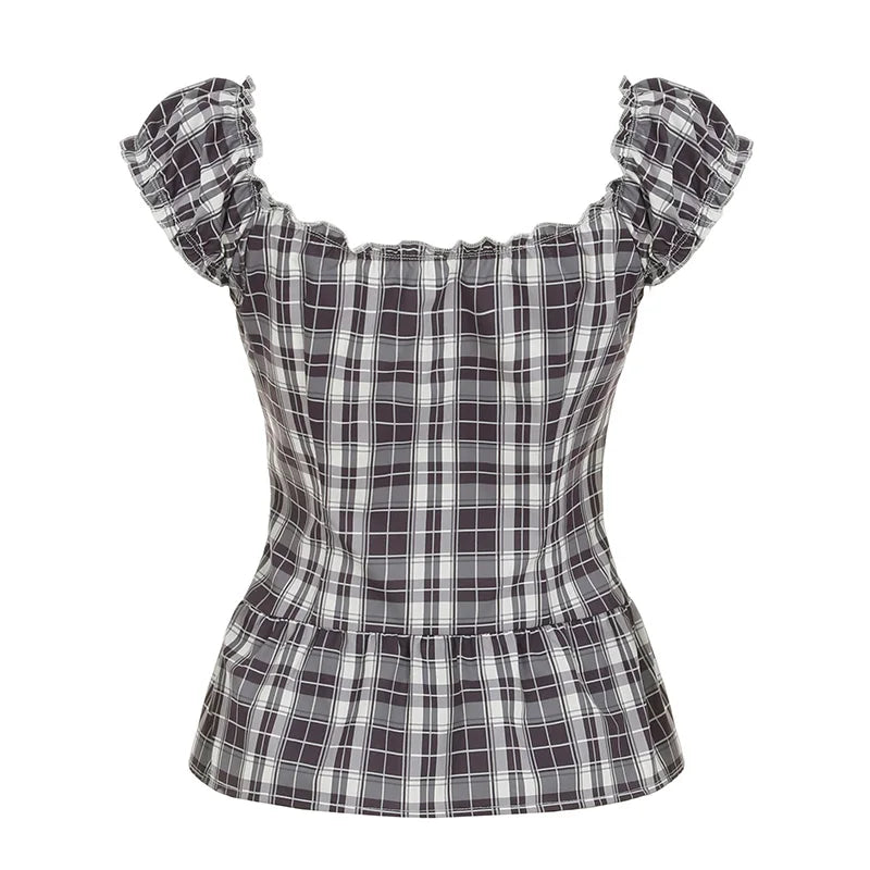 Rockmoer Tartan Plaid Sweet Slim Blouse