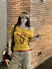 Y2k Sport Off shoulder Top Vintage 2000s Short sleeve T shirt Lady Body Basic Crop Top Casual