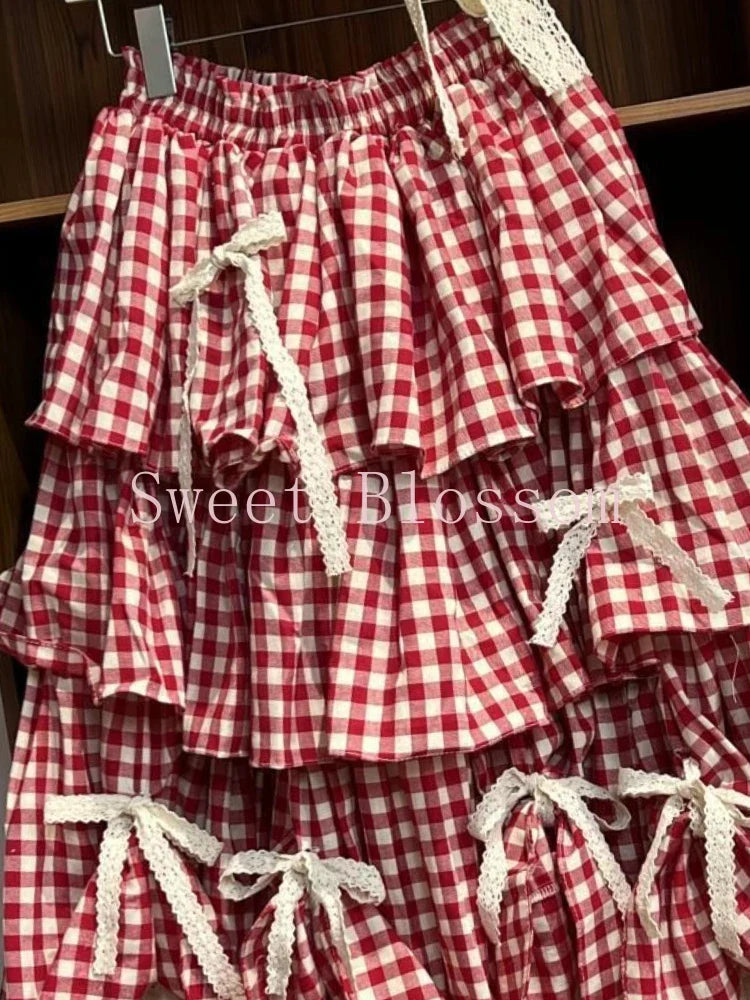 Korean Sweet Fit Chic Plaid Patchwork Skirt Vintage Bow Print Fluffy Skirts Harajuku Y2k Lovely Clothes Spring