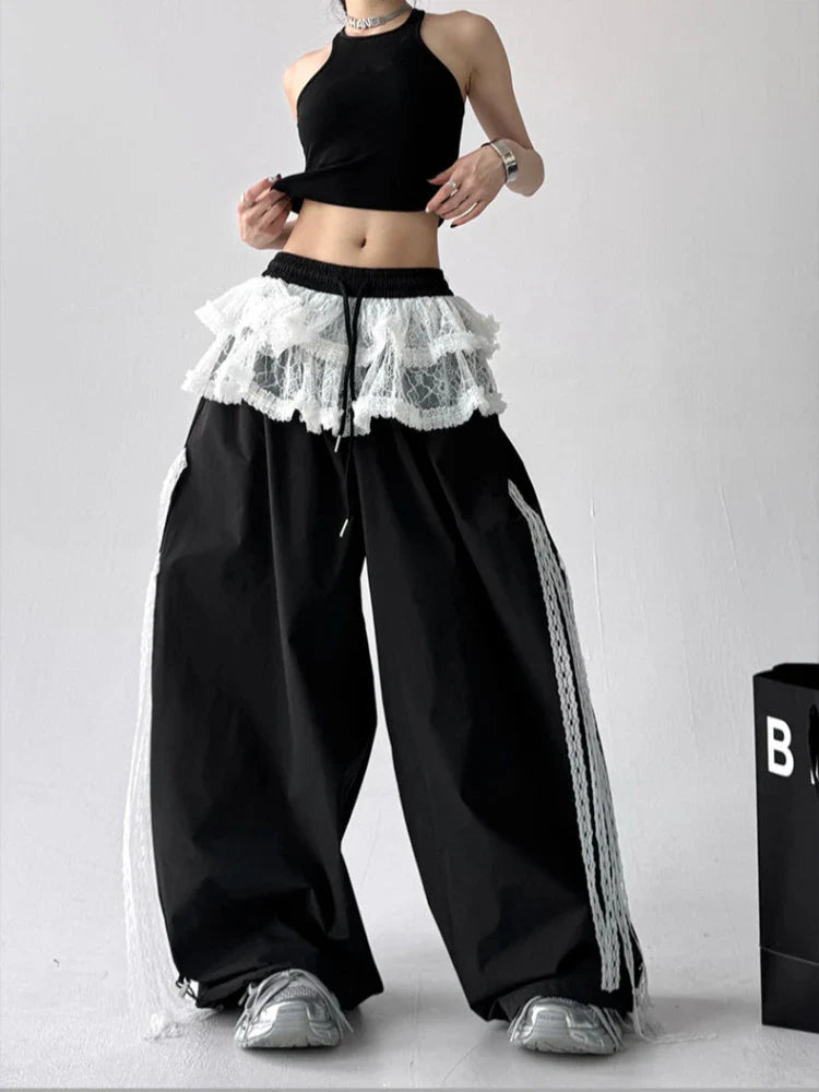 American retro trend patchwork lace skirt casual wide leg pants Y2K millennium pants emo