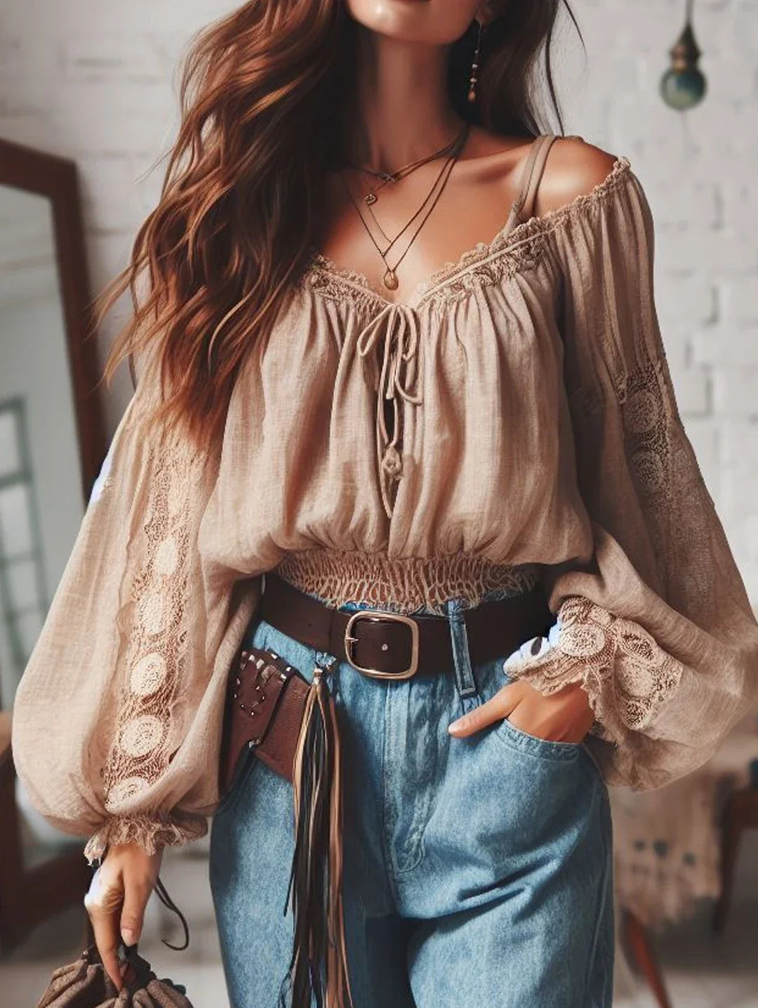 Boho Shirt Off Shoulder Lace Up Lantern Sleeve Vintage Sweet Cropped Blouse Top Hollow Out Casual Lace Blouse Tops