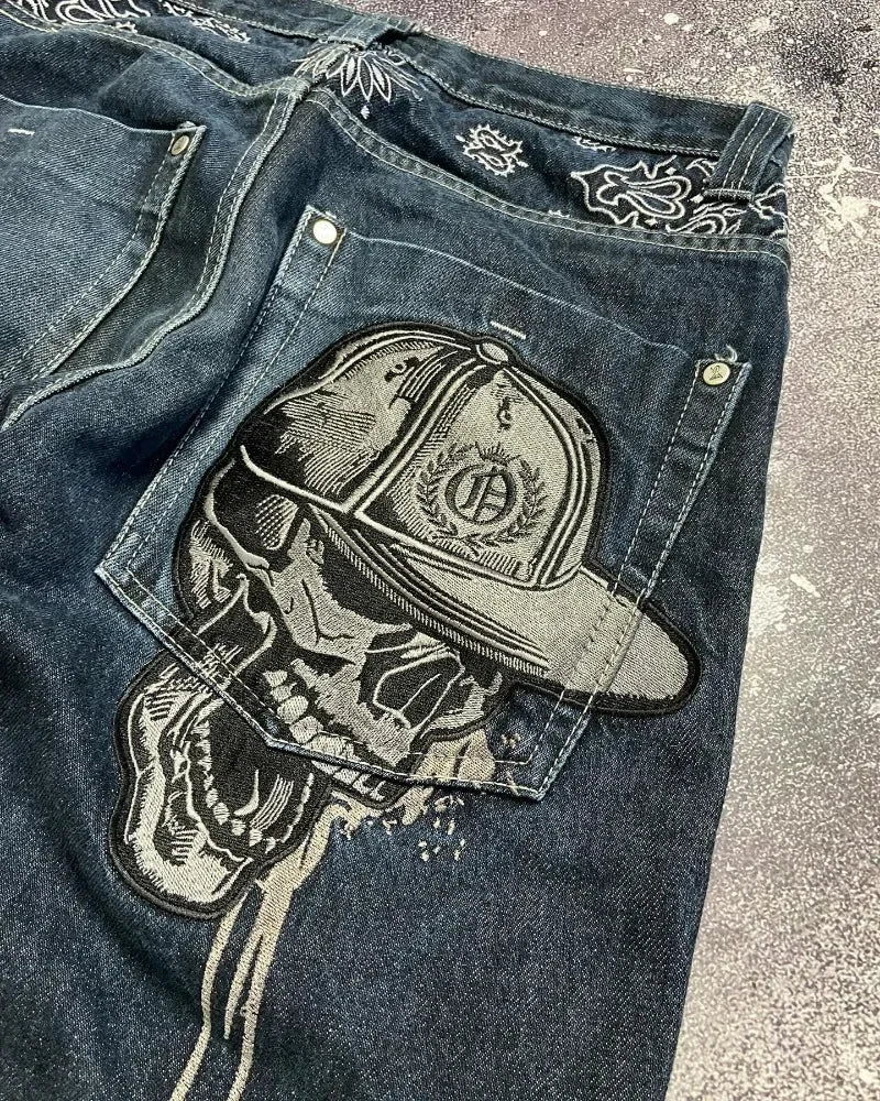 Y2k Hip Hop American Wide Leg Pants Gothic Zipper Skull Embroidered Jeans Harajuku Vintage High Waist Casual Jeans Unisex