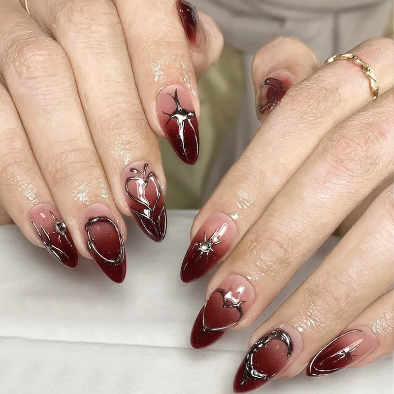 24pcs Golden Lines Patterns False Nails Dark Purple Blush French Fake Nails