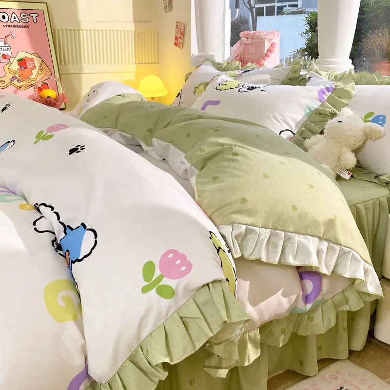 Cartoon Washed Cotton Bed Sheet Four-piece Set Non-cotton Thickened Brushed Quilt Cover Bed Skirt Style Princess Style Bedroom