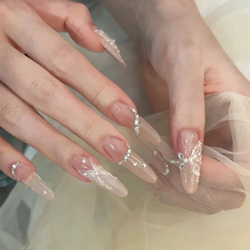 24Pcs Almond Pure Handmade Press On Nails Full Cover Butterfly French Pearl Diamond False Nails Wearable Manicure Nail Tips Art