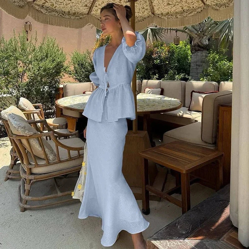 s Skirt Set V-neck Lace Up Short Bubble Sleeve Hollow Out Shirt High Waist Long Skirt Suit Lady Outfit