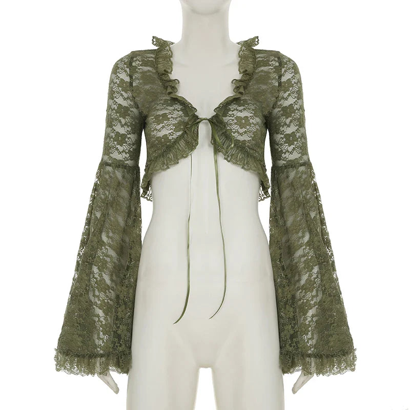 Green Y2K Mori Girl Flared Sleeve Cardigan