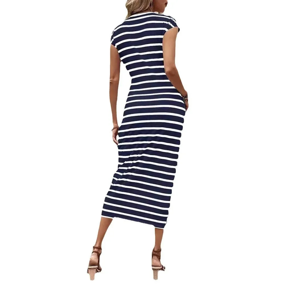 Elegant Waist Tie Striped Round Neck Short Sleeves Long Dress High-End Feel Clothing Skirt