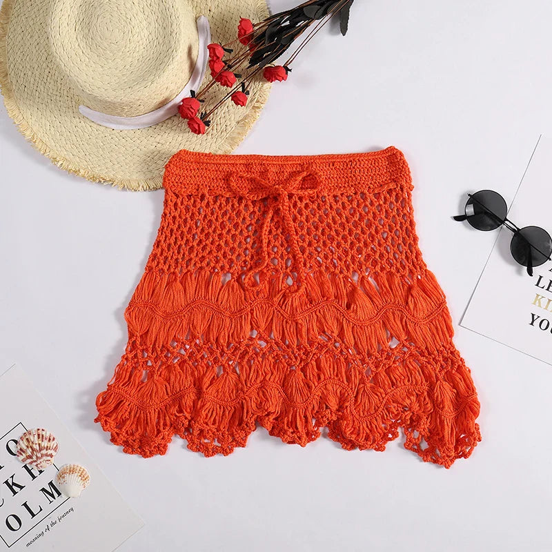 Handmade Crochet Hollow Out Swimwear Cover Up Solid Color Drawstring Short Skirt Holiday Knitting Sweet Beachwear