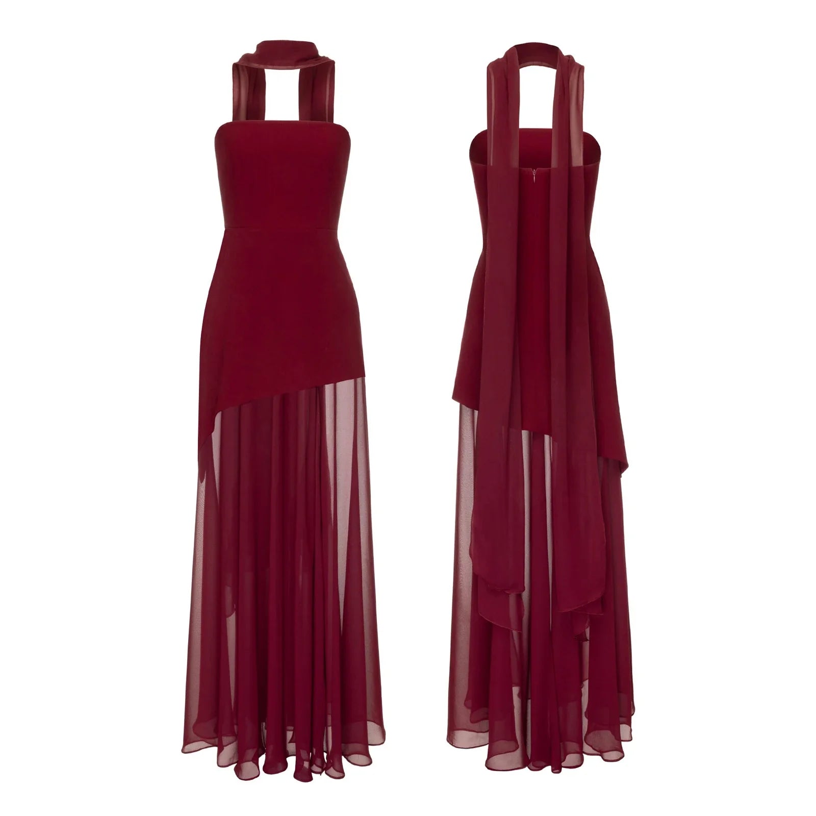 Combhasaki Elegant Strapless Sheer Ruffle Hem Patchwork Backless High Split A-line Party Tube Long Dress with Scarf
