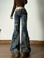 American Vintage Street Style Y2K Jeans High-street Multi-pocket Cargo Flared Floor-grazing Jeans Casual Punk Long Pants