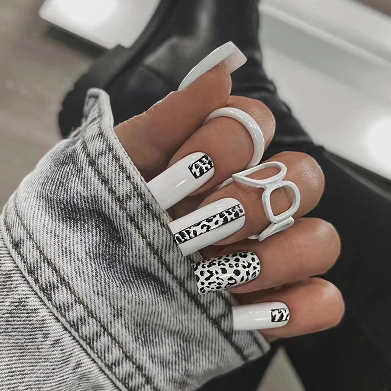 24Pcs Long Coffin Leopard Print False Nails with Glue Sweet Cool Diamond Fake Nail Set Floral French Press on Wearable Nail Tips