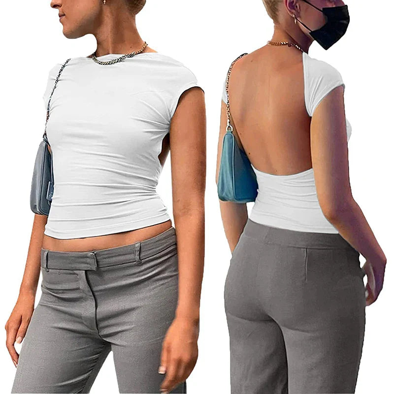 Backless Black T-shirts Short Sleeve Solid O-Neck Tees Clubwear Streetwear Casual Slim Crop Top