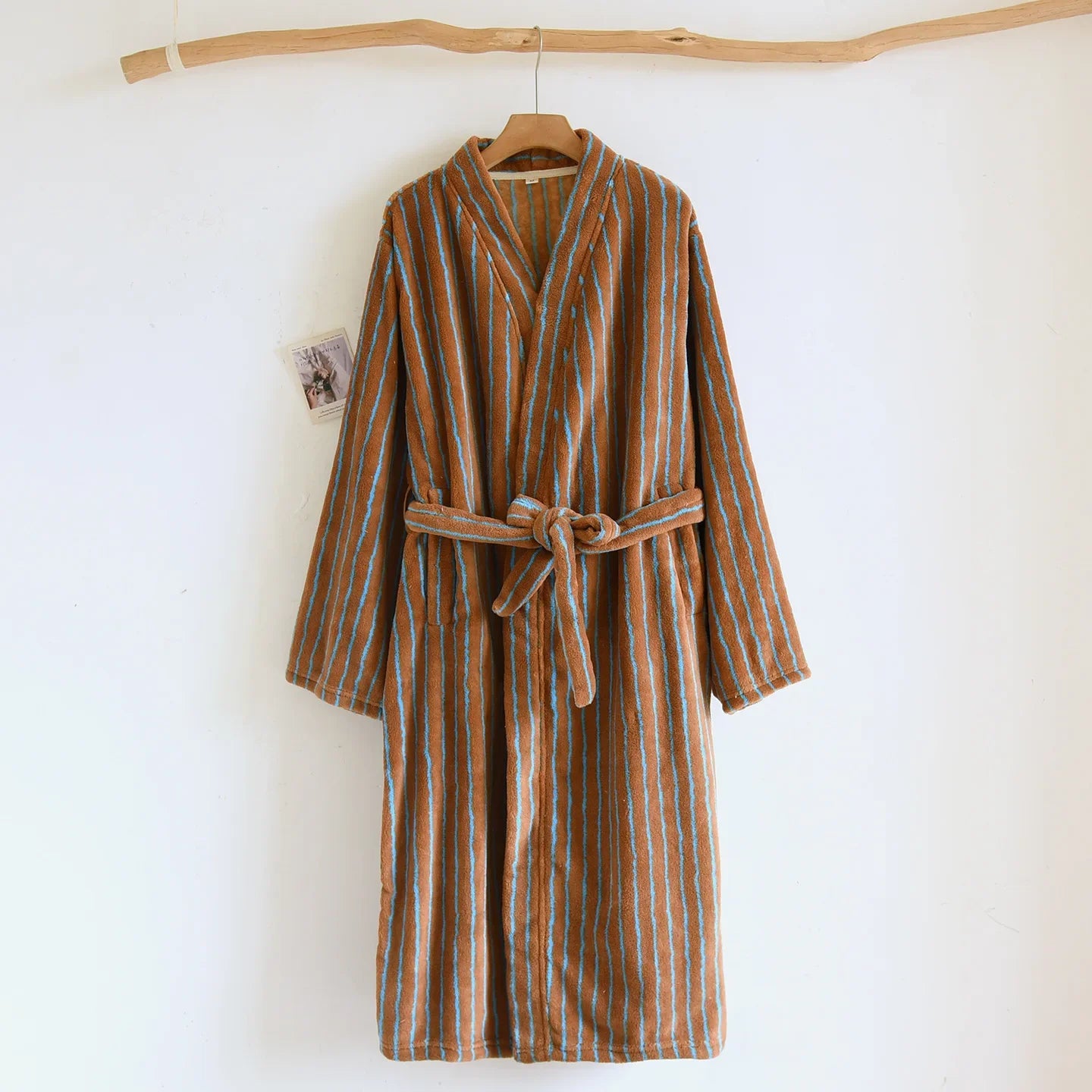 Robe Home Dress Thicken Flannel Bathrobe Kimono Gown Loose Print Stripe Sleepwear Coral Fleece Loungewear