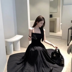 Temperament Apricot Suspender Dress Gentle Vacation Style Waist Cinched Backless Big Swing A-line Long Skirt Q147