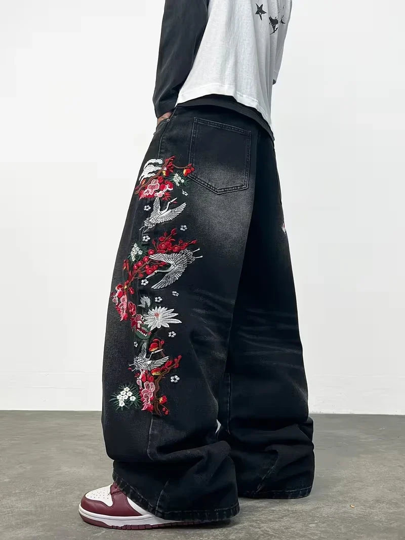 Unisex White Red Tribal Flame Print Loose Wide Leg Jeans Y2K Grunge Streetwear Oversized Denim Pants