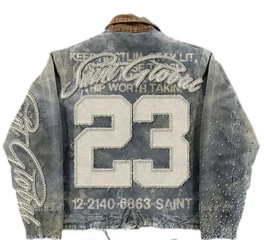 American Retro Washed Brown Jacket Y2K Clothes Letter Patch Embroidery Sequins Rhinestones Design Oversized Coats Casual Top