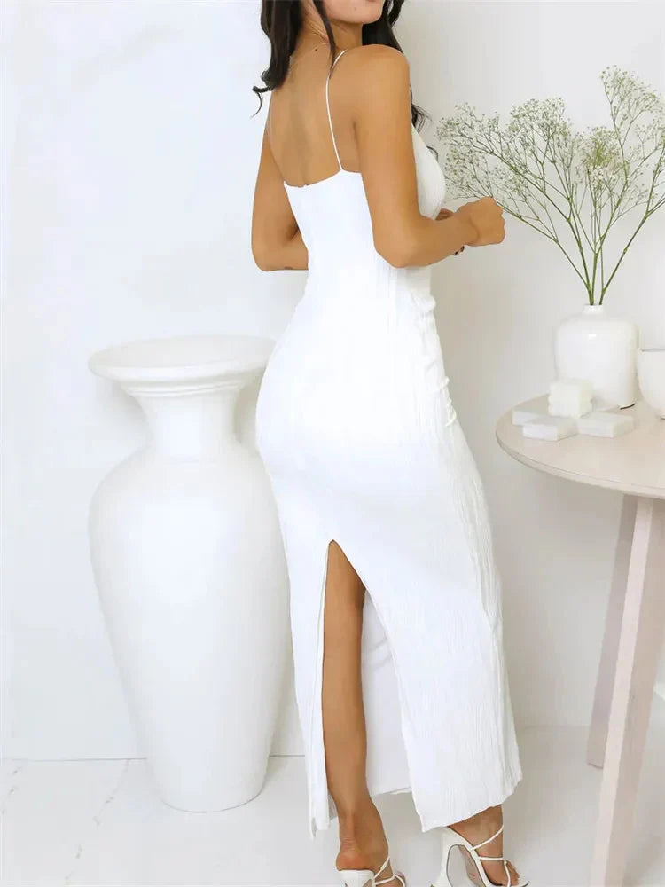 Long Dress Ruched Sleeveless Slim Solid Party Back Split Dress Clubwear Vestido Outfits