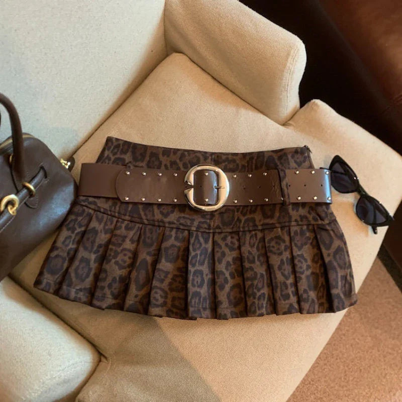 Leopard Print High-waist Short Skirt Y2k Girl Slim Pleated Skirts High Street Retro A-line Skirt