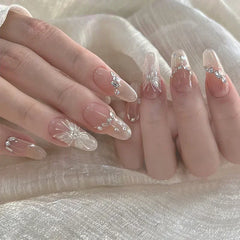 24Pcs Almond Pure Handmade Press On Nails Full Cover Butterfly French Pearl Diamond False Nails Wearable Manicure Nail Tips Art